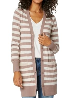 LIVERPOOL Striped Button Front Cardigan In Tuape/Cream Size XS
